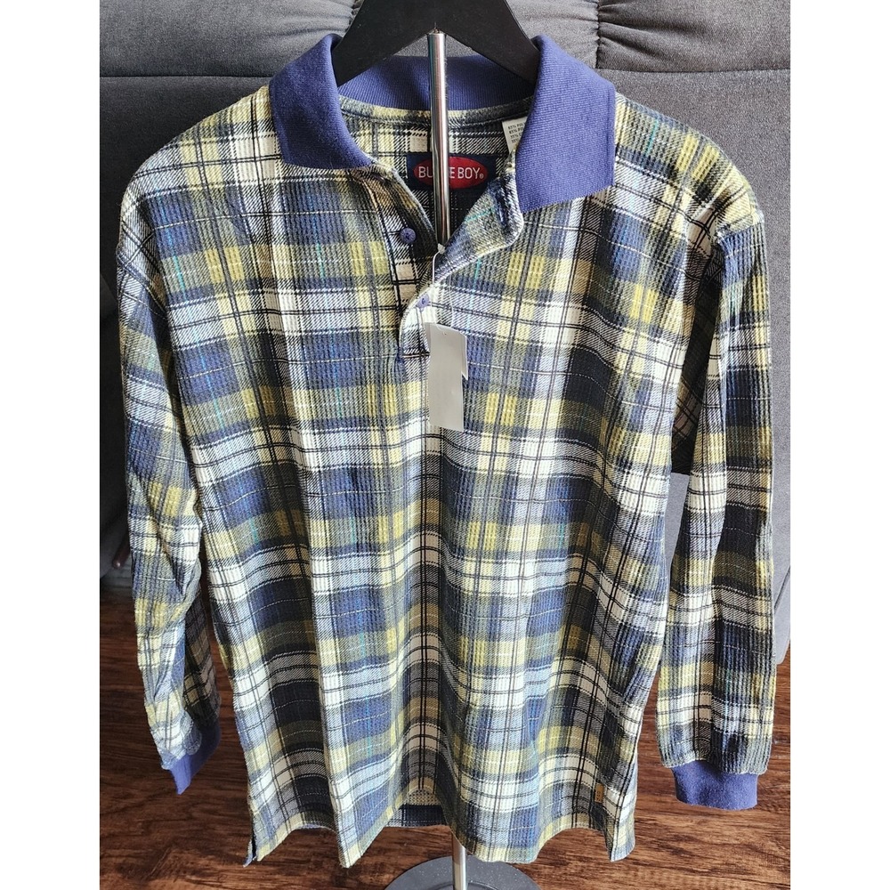 Vintage Boys M 80's 90s Bugle Boy Long Sleeve Knit Polo Green Blue New Medium